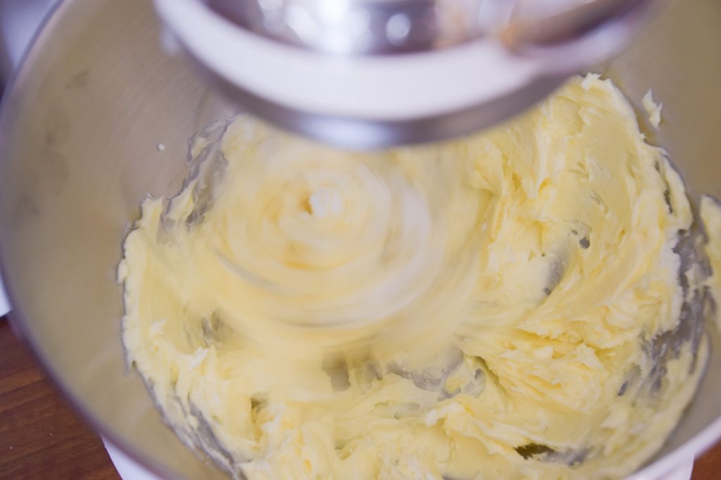 Mixing the buttercream filling for macarons