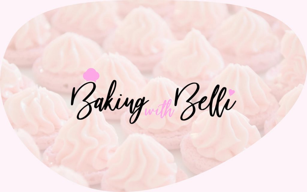 Baking with Belli logo on macarons background