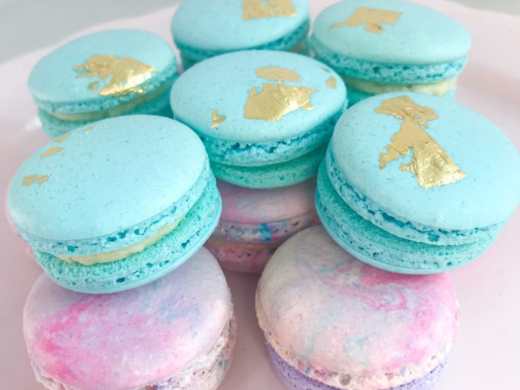 Blue macarons edible gold leaf