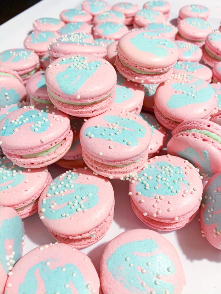 Pink bubble gum macarons with nonpareils
