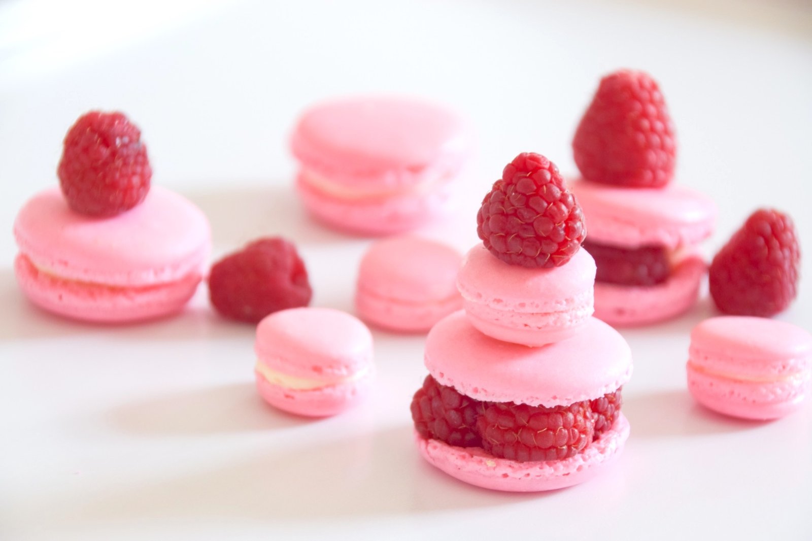 Finished raspberry vanilla macarons with fresh centers