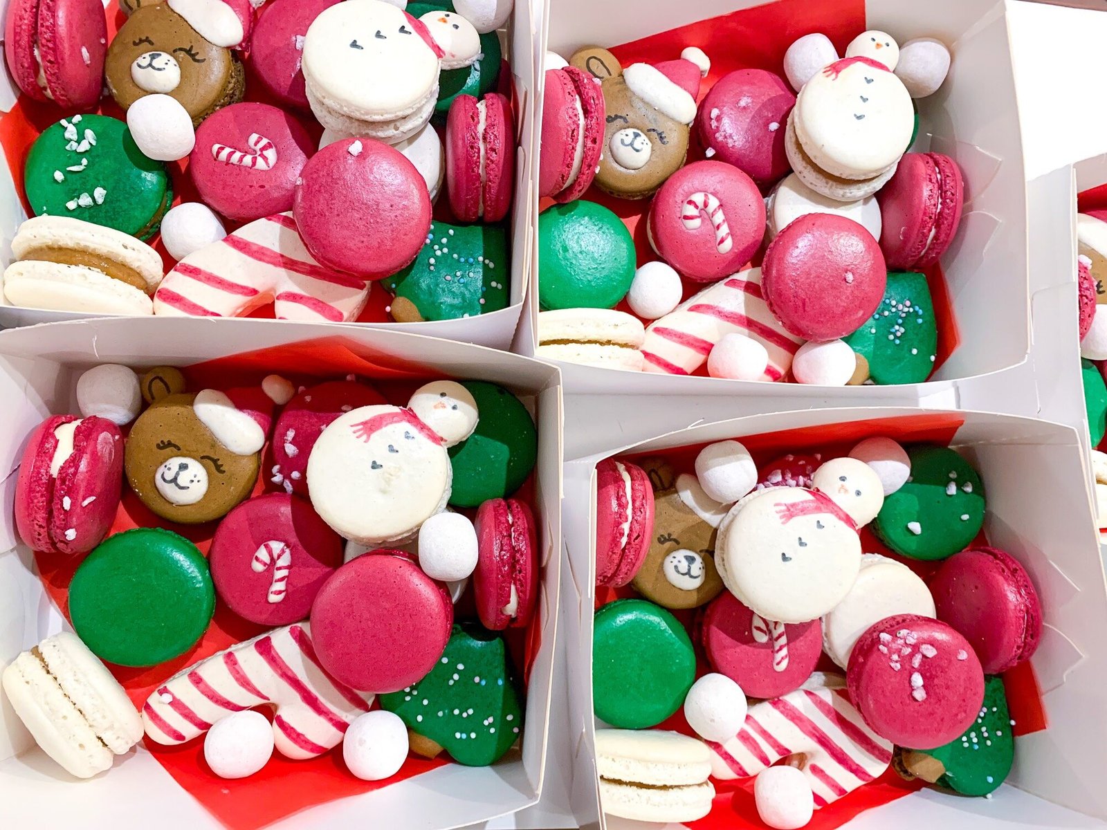 Green Christmas tree macarons in a holiday gift box