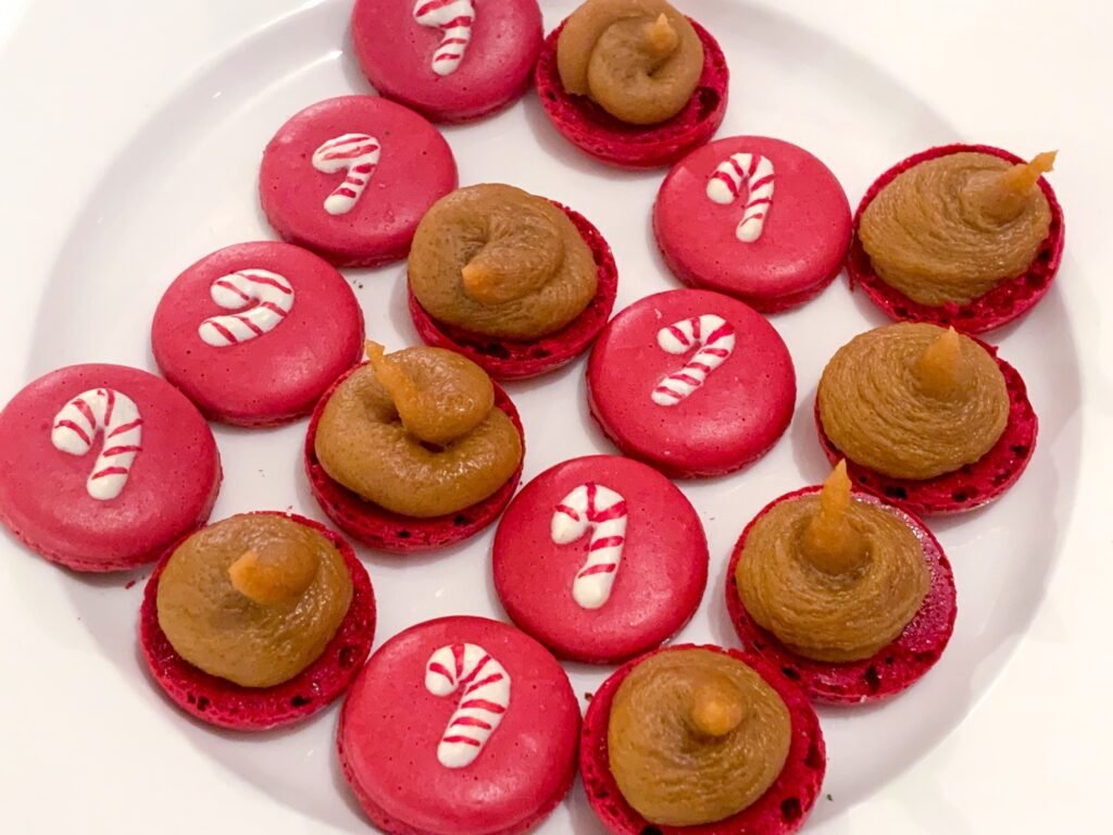 Red Candy Cane Christmas Macarons Shells With Salted Caramel Filling