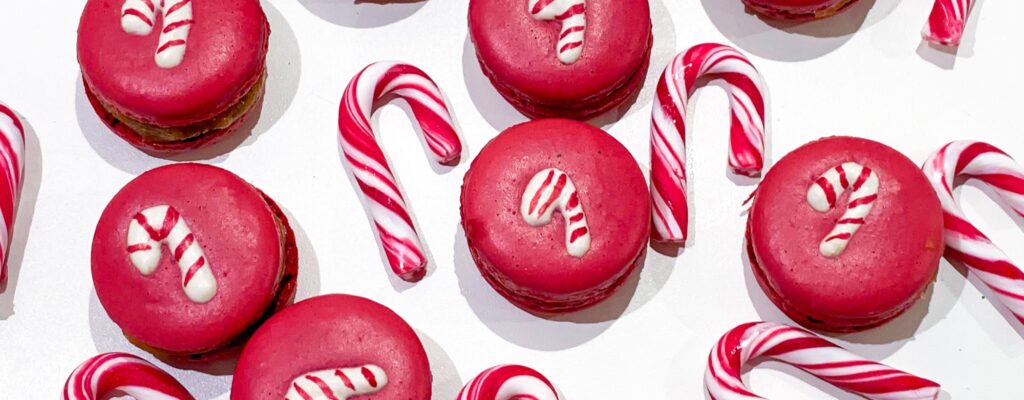 Candy Cane Shaped White Red Stripes Macarons For Christmas