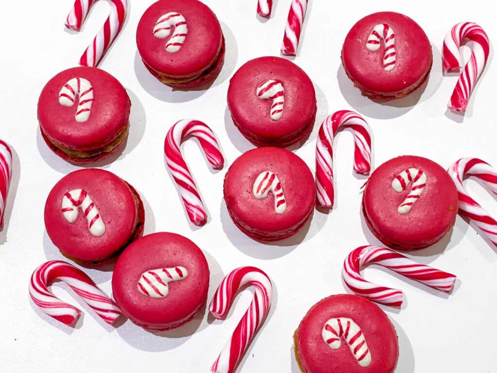Red Candy Cane Christmas Macarons Shells With Salted Caramel Filling