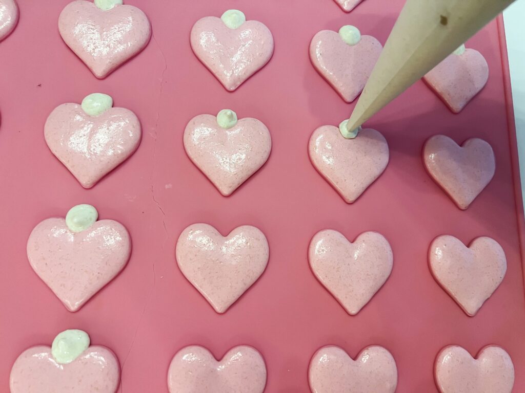 Piping heart shape panda macarons for valentines day