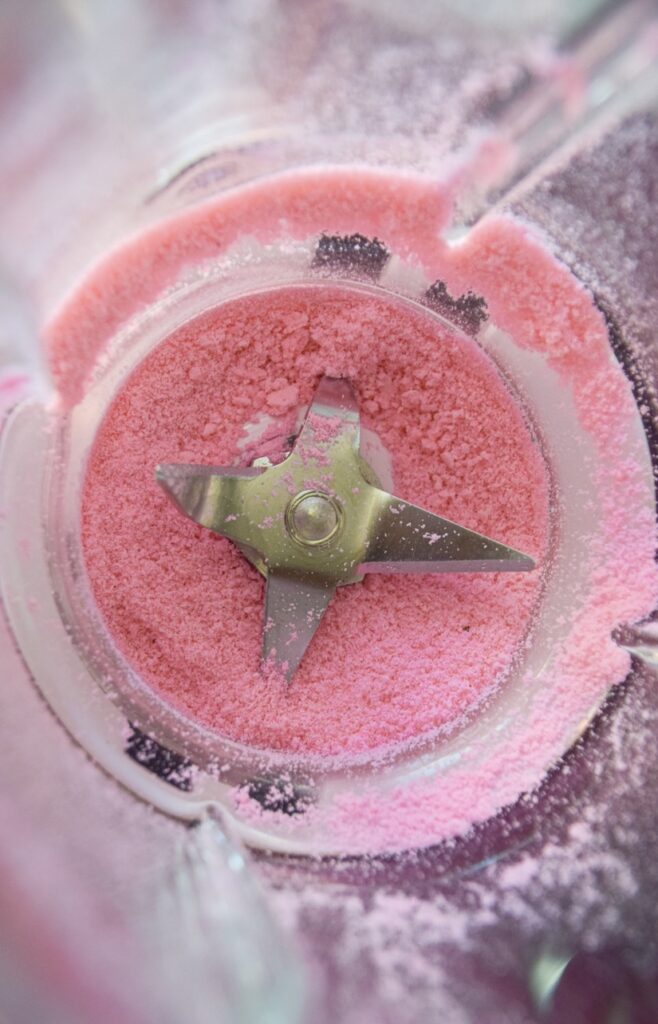 Failed macarons as crushed macaron dust, pink color in KitchenAid blender