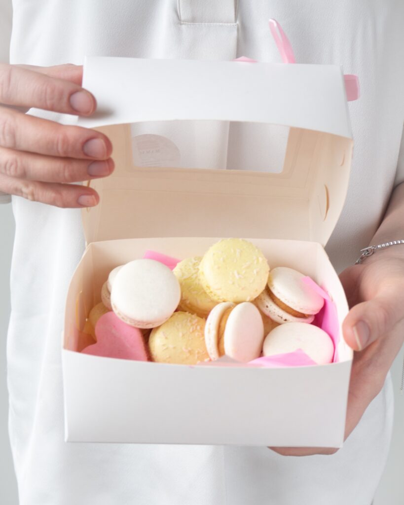 Colorful macarons in a box